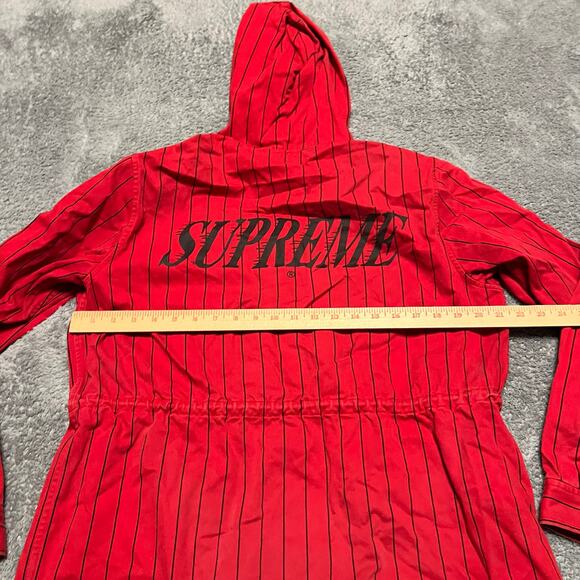 Supreme Twill Pinstripe Jacket Mens Medium Red Hooded Parka *** - Picture 6 of 9
